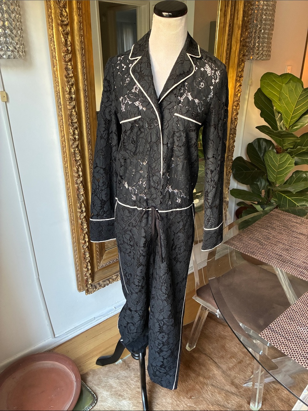 L’agence Black Lace Pajama-Style Jumpsuit with White Piping size medium